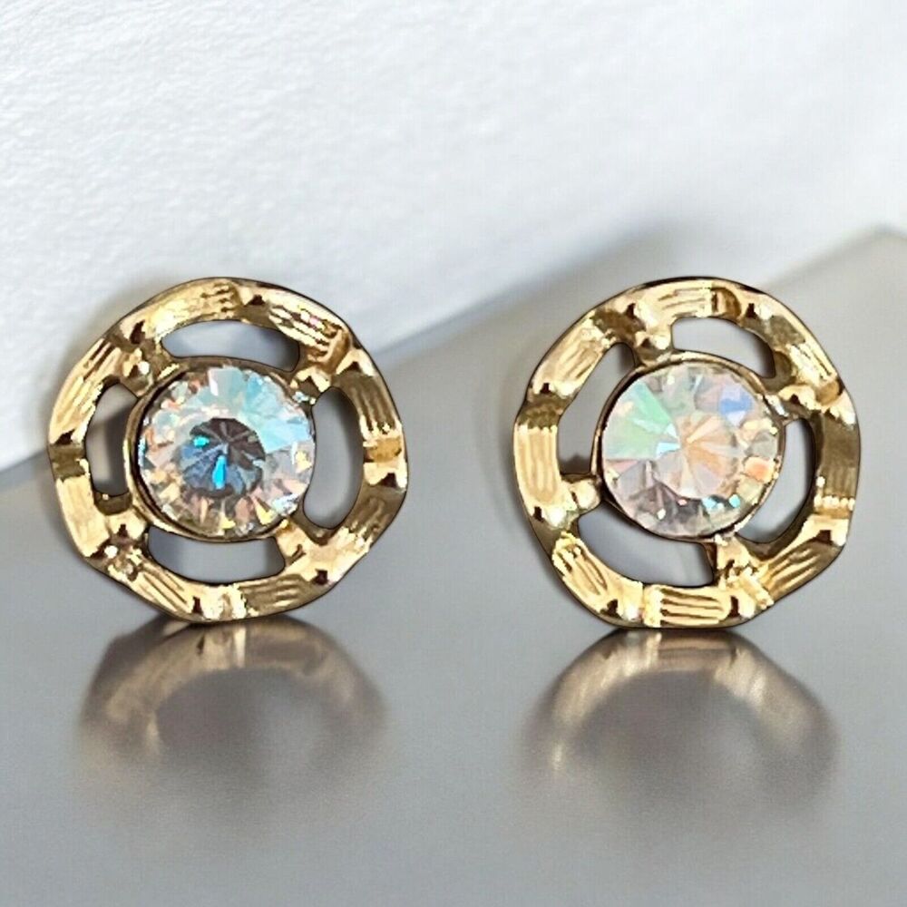Vintage 1980s Aurora Borealis Earrings Gold Tone Openwork Stud Pierced - 12B